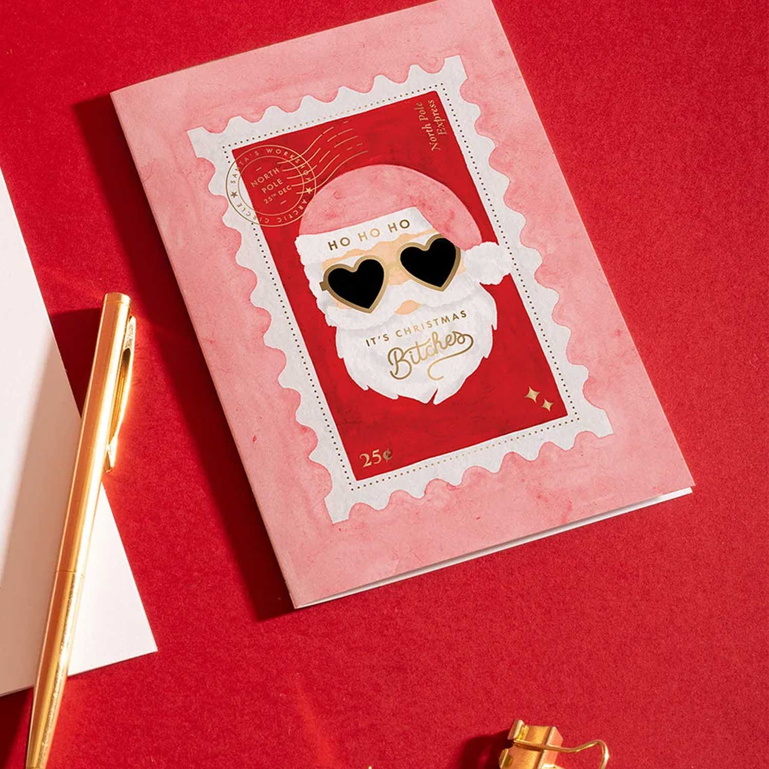 grappige kerstkaart christmas bitches goudfolie santa postzegel all the ways to say pynappel vriendin humor